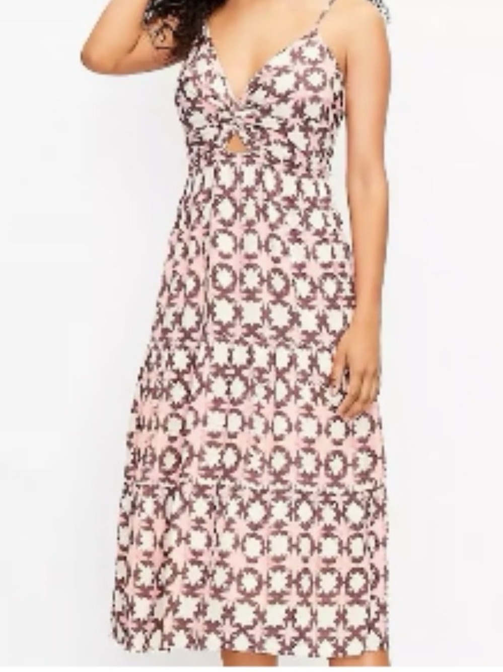 LOFT Summer Dress Pink Tan pattern twist front detail spaghetti straps size 6